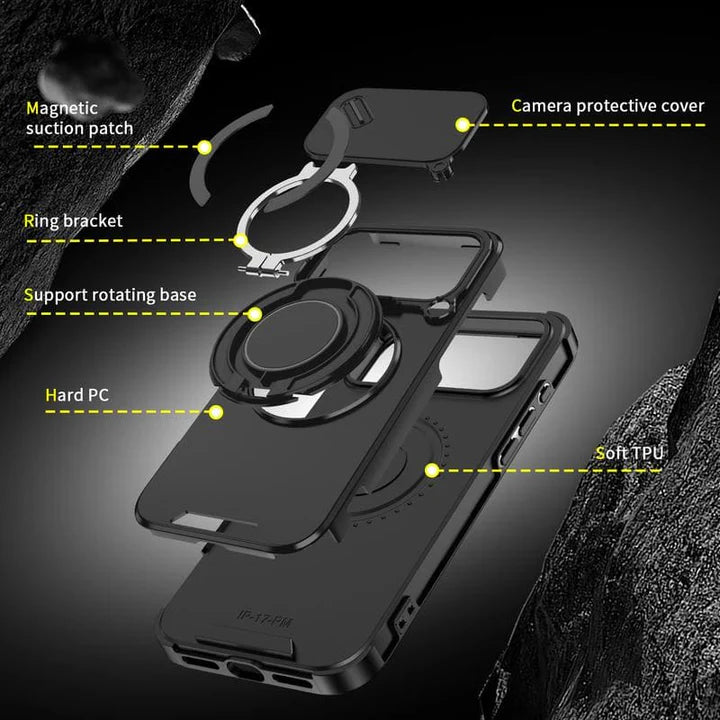 Military-Grade Shockproof Magnetic Case with Camera Slide & 360° Kickstand Ring