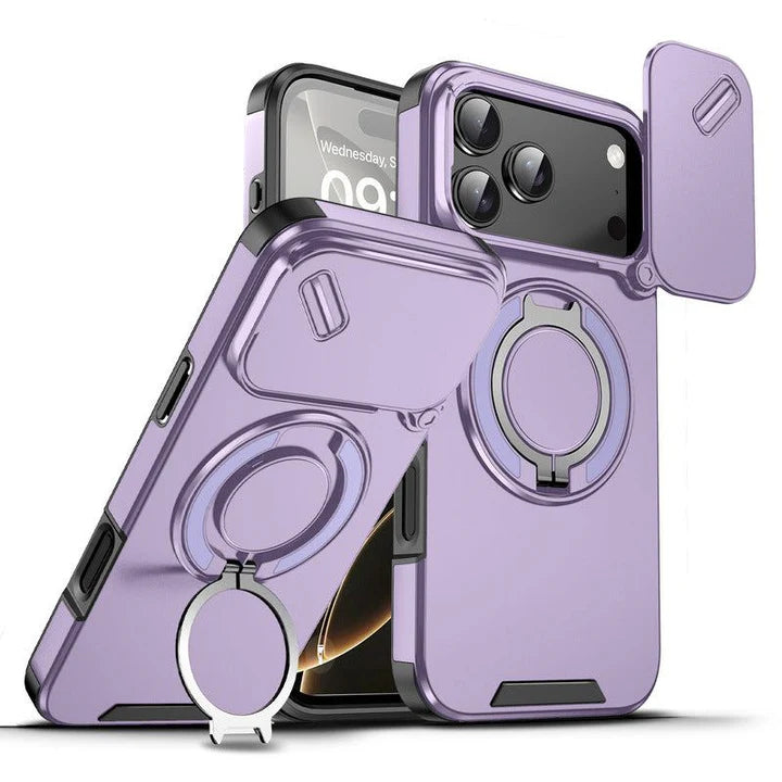 Military-Grade Shockproof Magnetic Case with Camera Slide & 360° Kickstand Ring