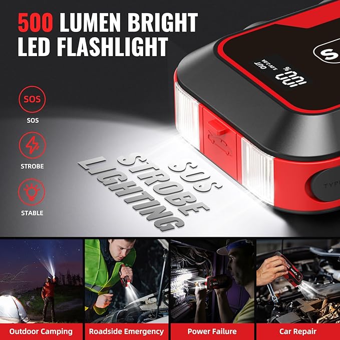 Car Jump Starter 2500A Jump Starter Battery Pack for Up to 8.0L Gas and 7.0L Diesel Engines, 74Wh Portable 12V Jump Box with USB Ports, LCD Display, Storage Case, and LED Light
