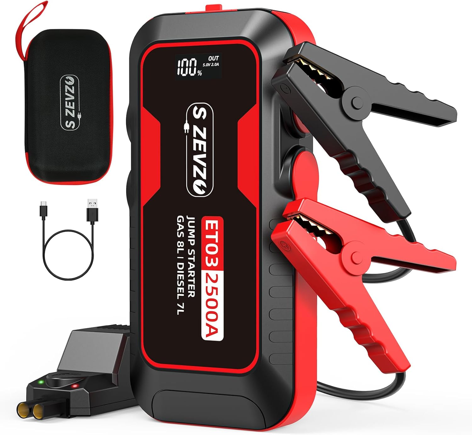 Car Jump Starter 2500A Jump Starter Battery Pack for Up to 8.0L Gas and 7.0L Diesel Engines, 74Wh Portable 12V Jump Box with USB Ports, LCD Display, Storage Case, and LED Light