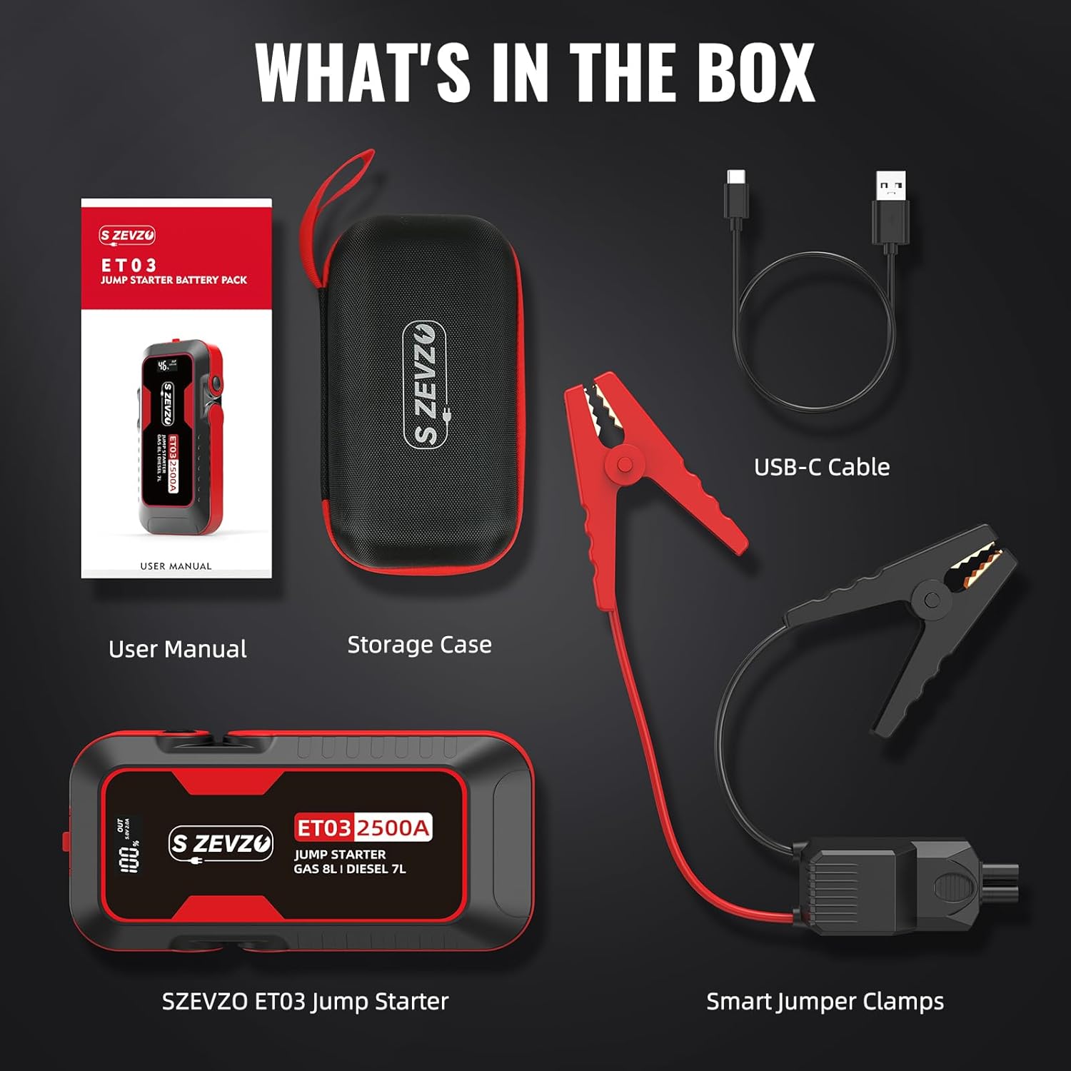 Car Jump Starter 2500A Jump Starter Battery Pack for Up to 8.0L Gas and 7.0L Diesel Engines, 74Wh Portable 12V Jump Box with USB Ports, LCD Display, Storage Case, and LED Light