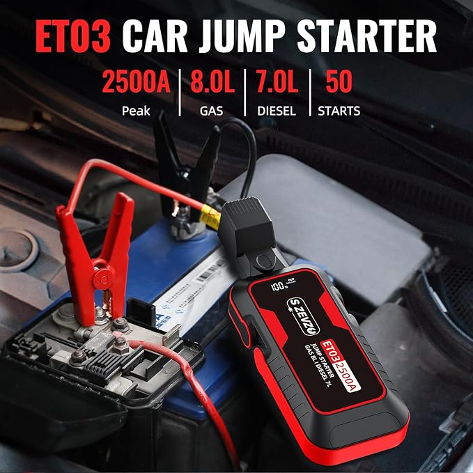 Car Jump Starter 2500A Jump Starter Battery Pack for Up to 8.0L Gas and 7.0L Diesel Engines, 74Wh Portable 12V Jump Box with USB Ports, LCD Display, Storage Case, and LED Light