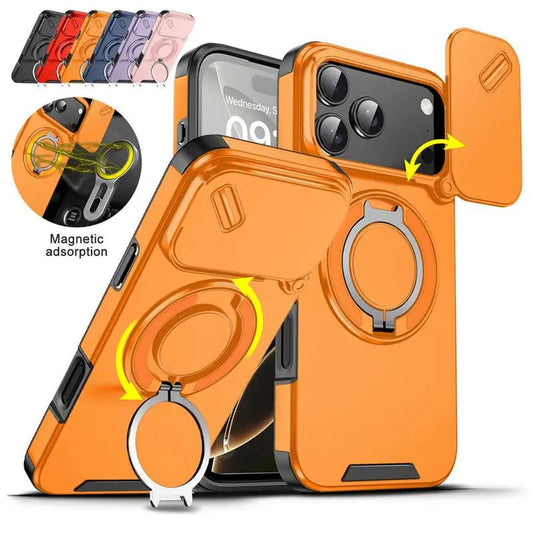 Military-Grade Shockproof Magnetic Case with Camera Slide & 360° Kickstand Ring